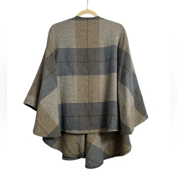 John Hanly 100% Lambswool Cape | Cream Taupe Denim Check | One Size | Ireland - Picture 4 of 8